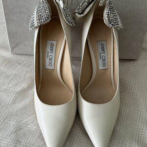 Jimmy Choo White Love 100 Nappa Leather Pumps With Pearl And Crystal Bow (39)